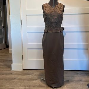 Maggy London Petites, Embroidered and Beaded, Taupe, Gown. Gently Worn. Size 10P